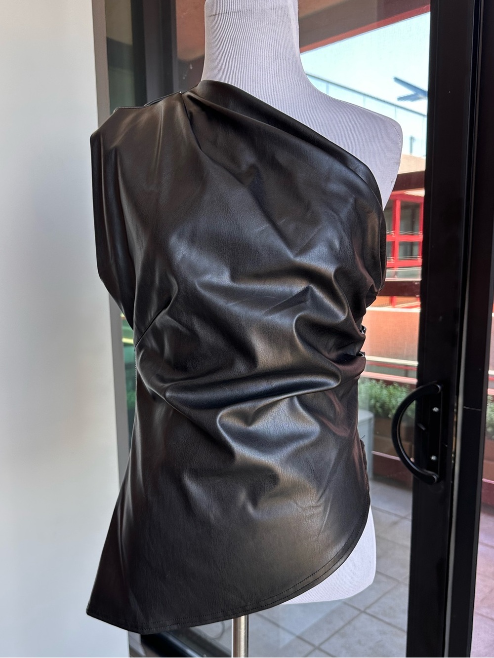 Asymmetric One-Shoulder Faux Leather Top - Black